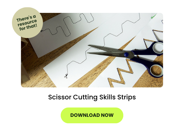 Photo of Scissor Cutting Skills Strips with scissors, plus 2 text bubbles with text reading 