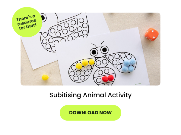Subitising Animal Activity worksheet with pompoms and 2 green bubbles with text on them