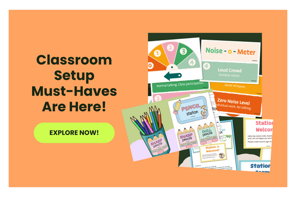 The words Classroom Setup Must-Haves Are Here! appear beside photos of classroom setup resources