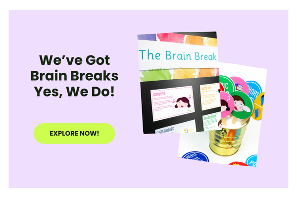 Text reads We’ve Got Brain Breaks Yes, We Do! Beside it are photos of brain break activities from a classroom