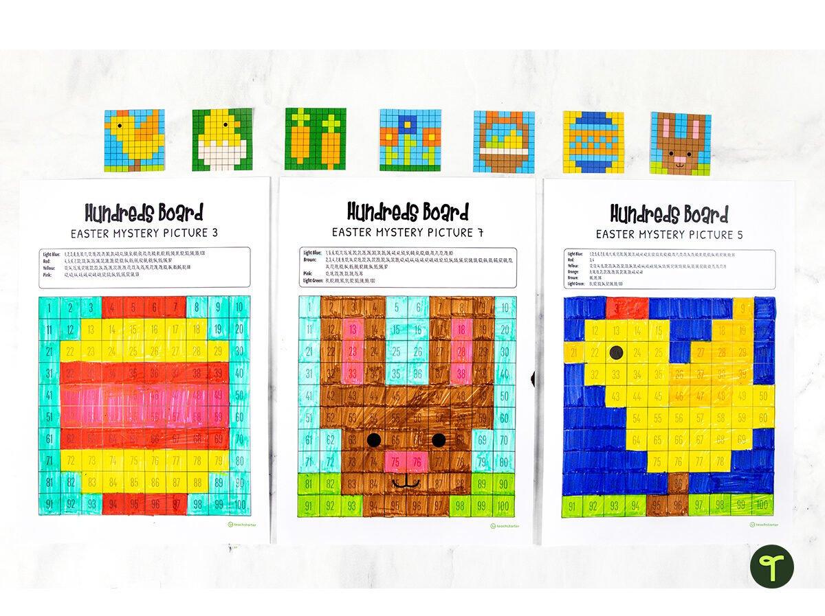 easter math mystery puzzle worksheets lined up side by side on a white background