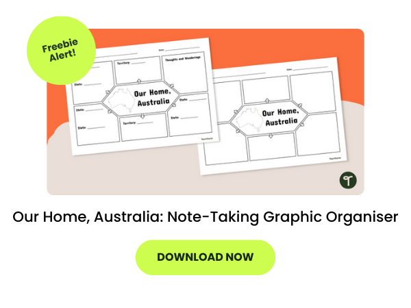 2 pages of the Our Home, Australia Note-Taking Graphic Organiser on an orange background with a bright green bubble that says 