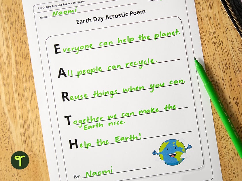 a kid's acrostic poem about the earth sits on a table