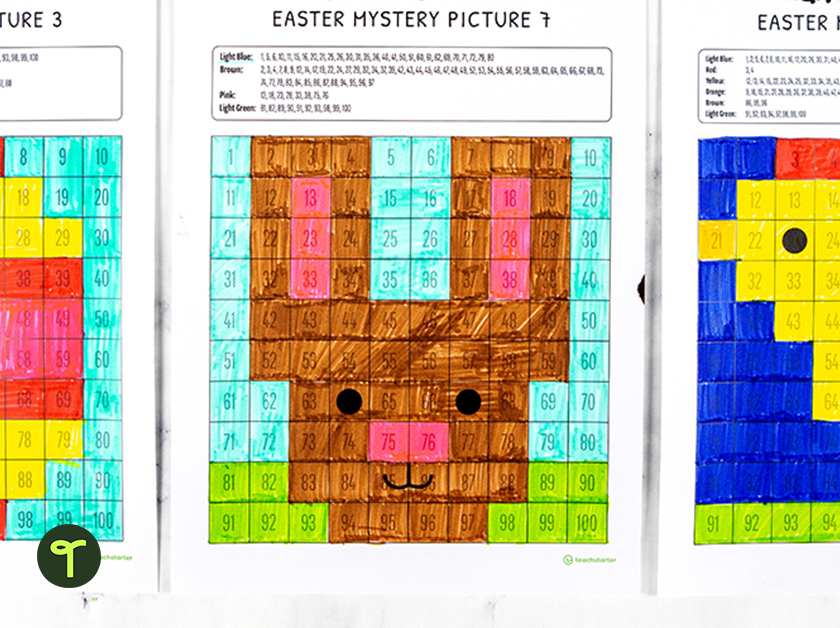 easter bunny mystery picture sits on a white background, the blocks are colored in to reveal a bunny