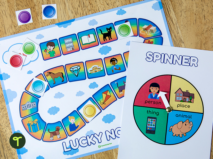 lucky nouns rainbow board game for kids on a table