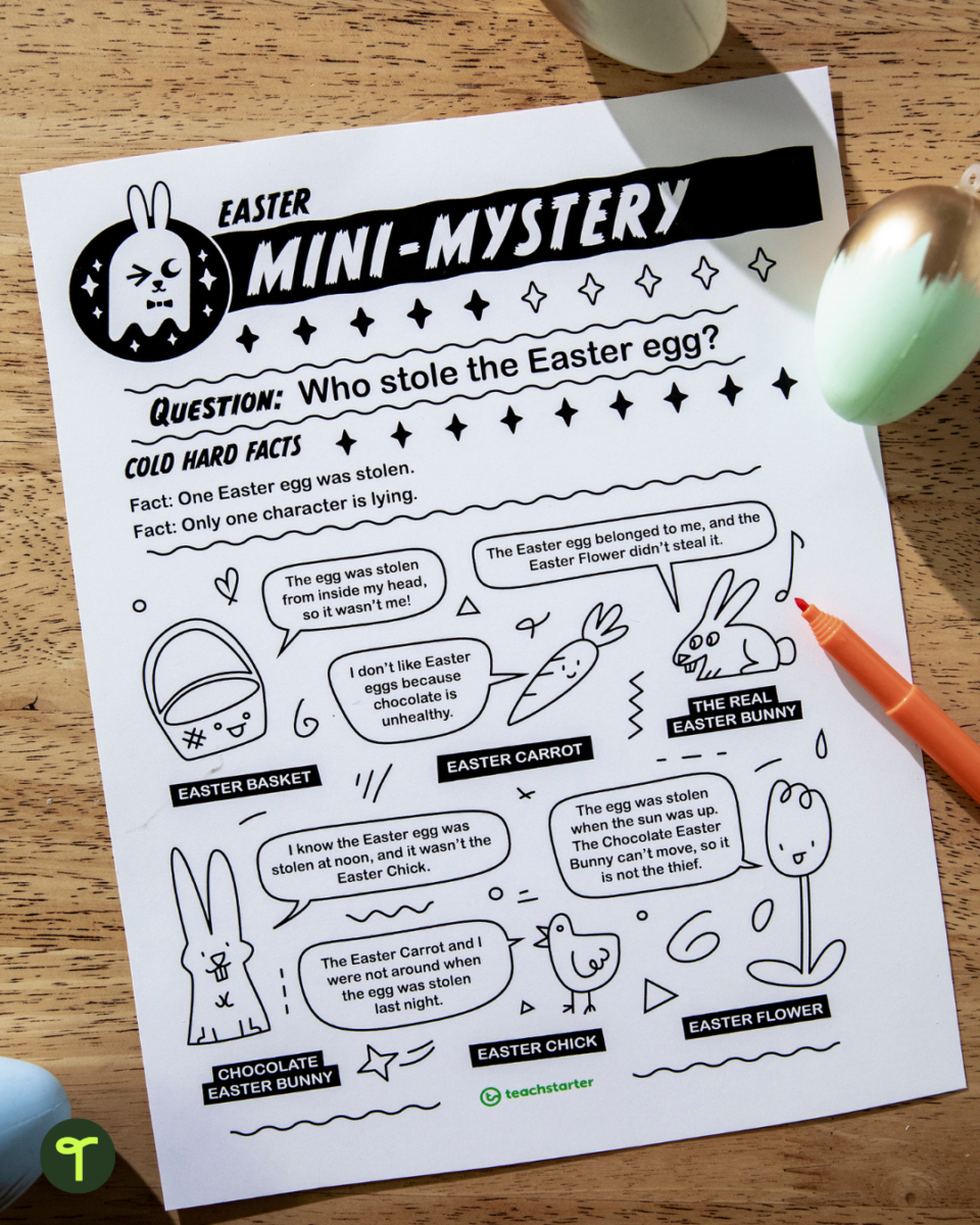 Easter Mini Mystery Worksheet on wooden table