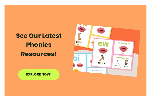 The words See Our Latest Phonics Resources! appear next to a phonics flashcards set for kids