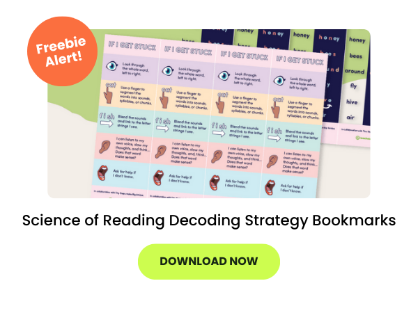 The words Science of Reading Decoding Strategy Bookmarks appear beneath an image of the bookmarks. There is an orange freebie alert button and a green download now button