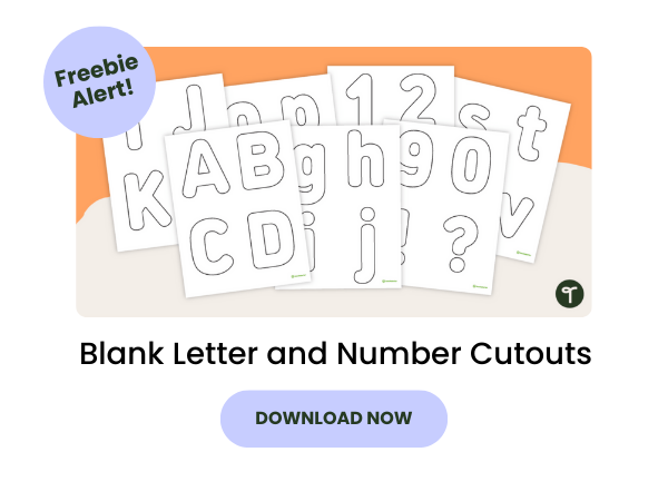 Blank Letter and Number Cutouts with purple button saying 