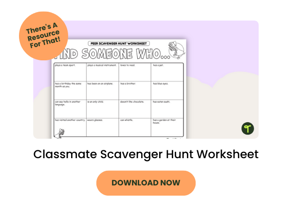 Classmate Scavenger Hunt Worksheet with orange 