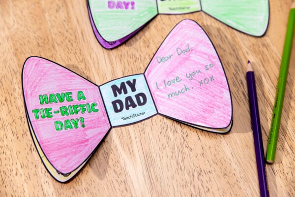 Father's Day Bow Tie Craft on wooden table