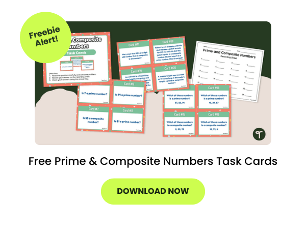 The words Free Prime & Composite Numbers Task Cards appear beneath images of the task cards. A green button reads download now, and a green circle contains the words freebie alert!