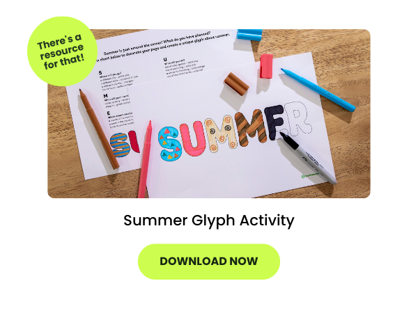 a photo of a summer themed worksheet with markers on top of it appears on top of a yellow button that says 