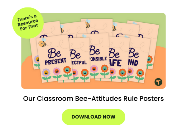 Text with the words Our Classroom Bee-Attitudes Rule Posters appears with a photo of the posters above it and a green bubble below that reads download now