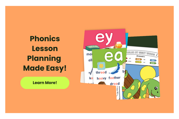 Text reads Phonics Lesson Planning  Made Easy! beside images of phonics worksheets