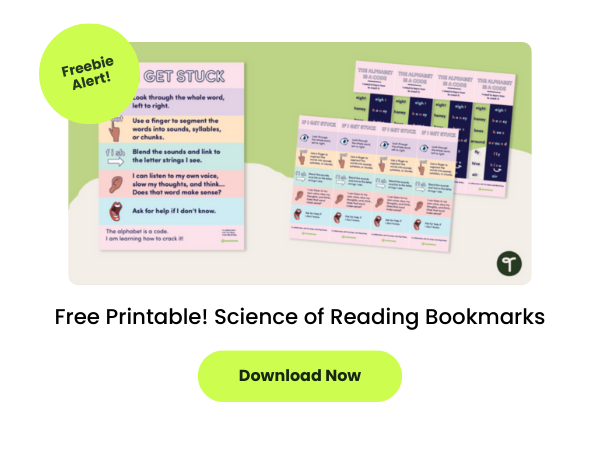 A set of bookmarks appear on a green and beige background. Below is text that reads Free Printable! Science of Reading Bookmarks. There is a green button that reads Freebie Alert! and another green button that reads Download Now