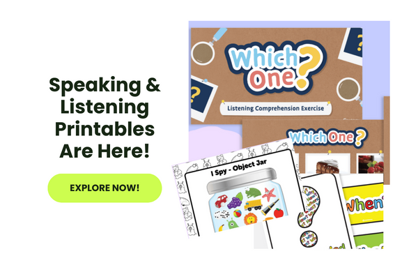 Text reads Speaking & Listening Printables Are Here!  beside photos of the activties