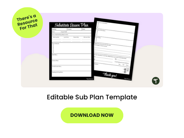 The words Editable Sub Plan Template appear below an image of 2 pages from the template. Below is a green bubble with the words download now