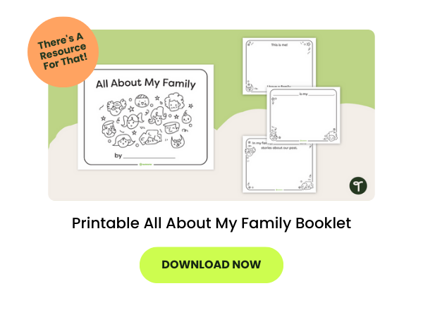 pages from a kid's all about my family booklet are seen on a green background. There is a green bubble that reads download now. 