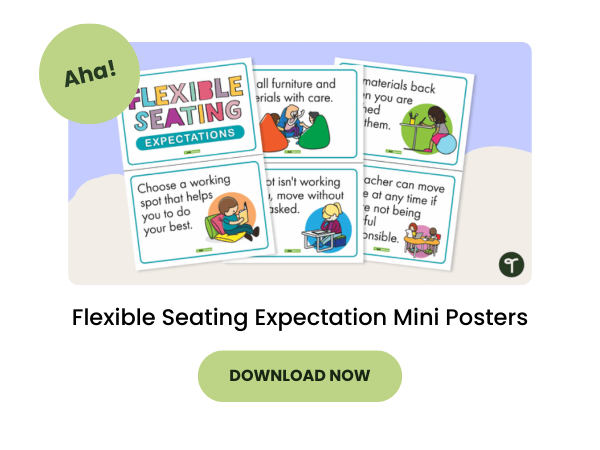 Purple bubble with preview for flexible seating mini posters and a green 