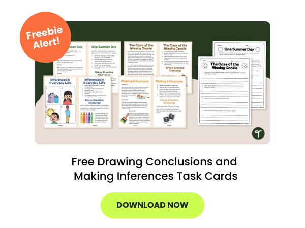 The words Free Drawing Conclusions and Making Inferences Task Cards appear beneath an image of the cards. There is a download now button below and a freebie alert button on the top