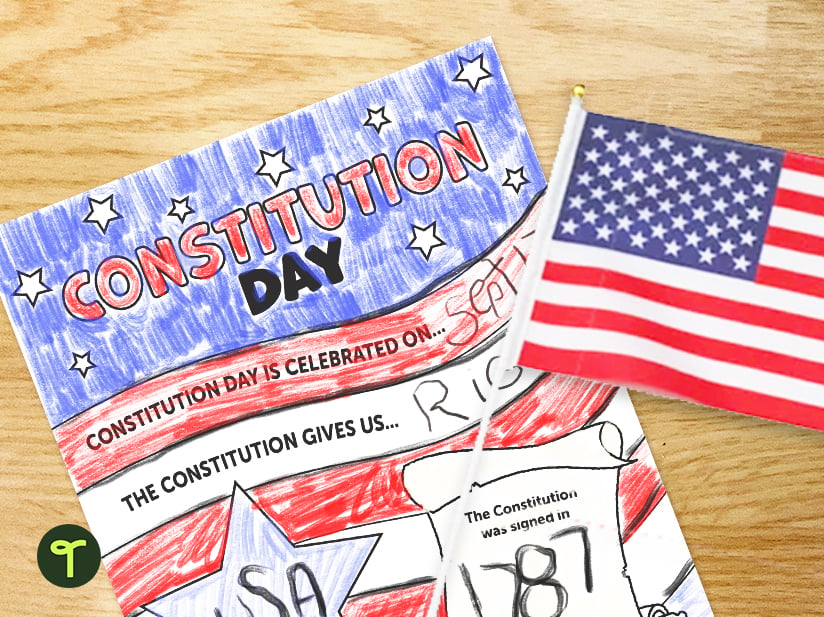 Image of constitution day activity for kids with flag on wood background 