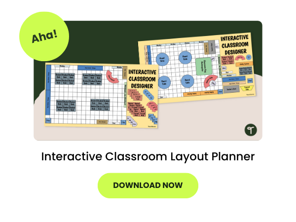 Green bubble showing interactive classroom layout poster with light green download button underneath.