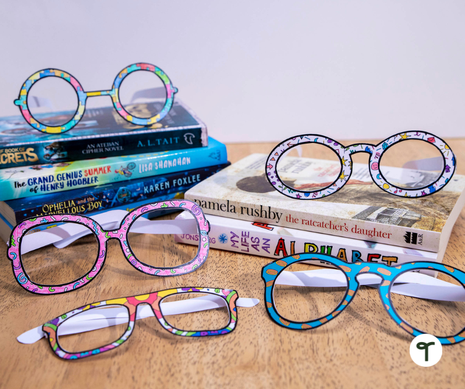 Teach Starter reading glasses templates on pile of books