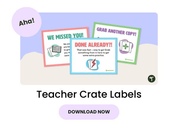 Purple bubble with teacher crate labels preview and a pink button underneath that says download now.
