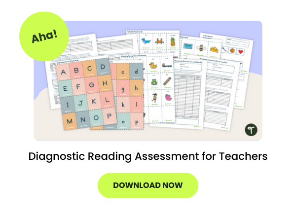 a photo of a Diagnostic Reading Assessment for Teachers with green bubbles. One bubble says aha and the other says download now