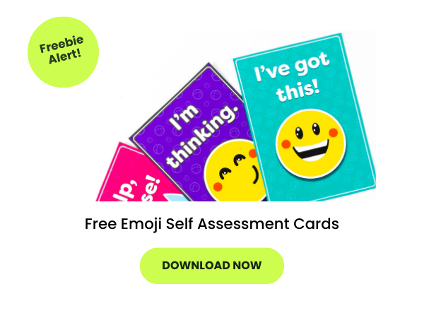 a set of emoji assessment cards appears with two green bubbles. One bubble has text that reads freebie alert, and one bubble reads download now