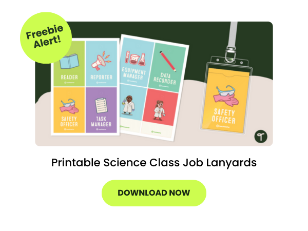 illustration of science job lanyards with a green bubble that reads freebie alert and another green bubble that reads download now