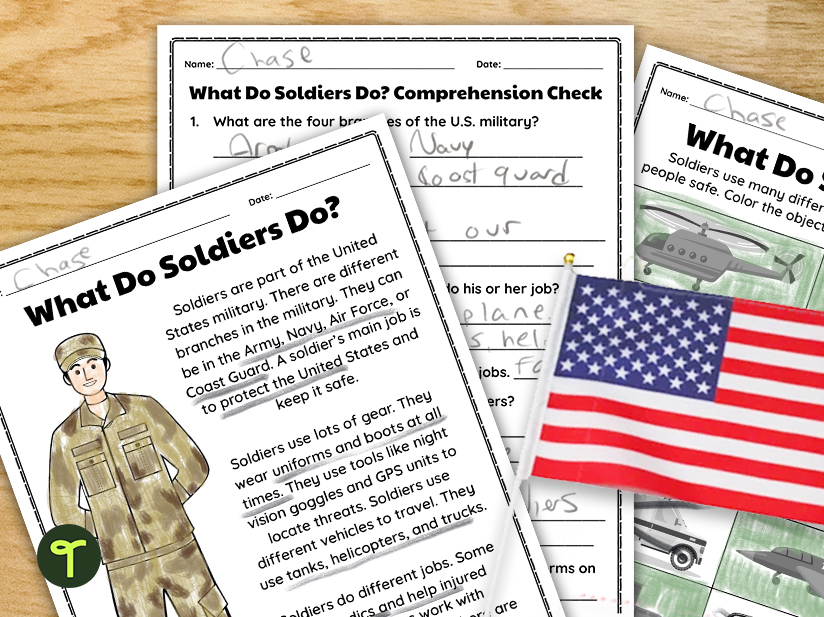 Veterans Day worksheets with flag on wood background 