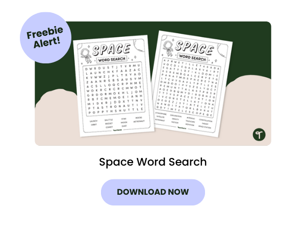 A primary school teaching resource called: Space Word Search
