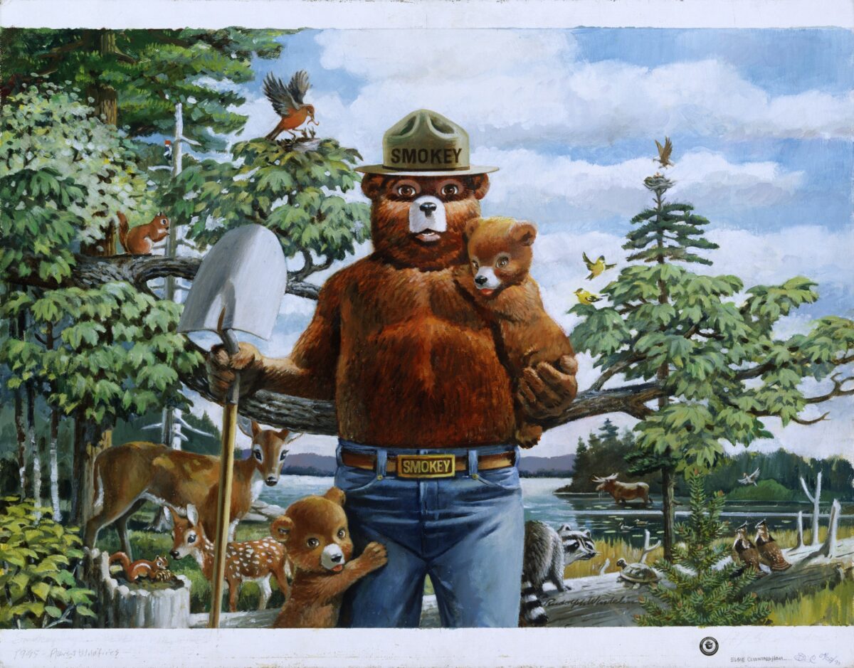 Smokey Bear holding small bear with animals around him. - Teach Starter
