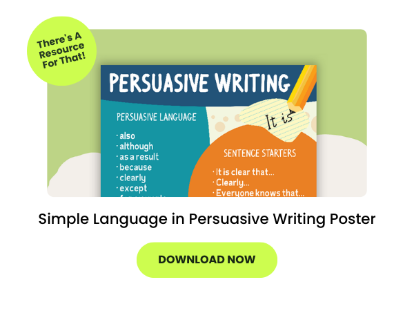 Text reads Simple Language in Persuasive Writing Poster below a photo of the poster on a green background
