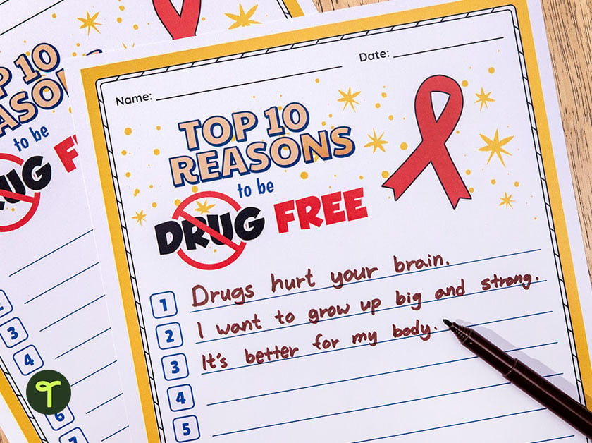 top 10 reasons to be drug free worksheet for red ribbon week
