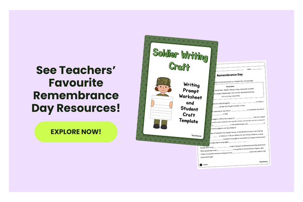 A purples bubble with text reading: See Teachers’ Favourite Remembrance Day Resources! 