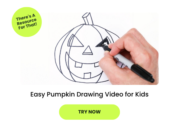 the words Easy Pumpkin Drawing Video for Kids appear below a still from the video. A lime green try now button is below