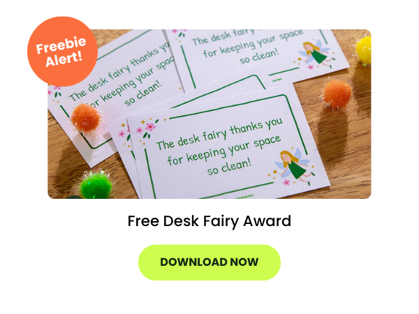 the words Free Desk Fairy Award appear beneath a photo of the printed award. There is a green download now button below. 