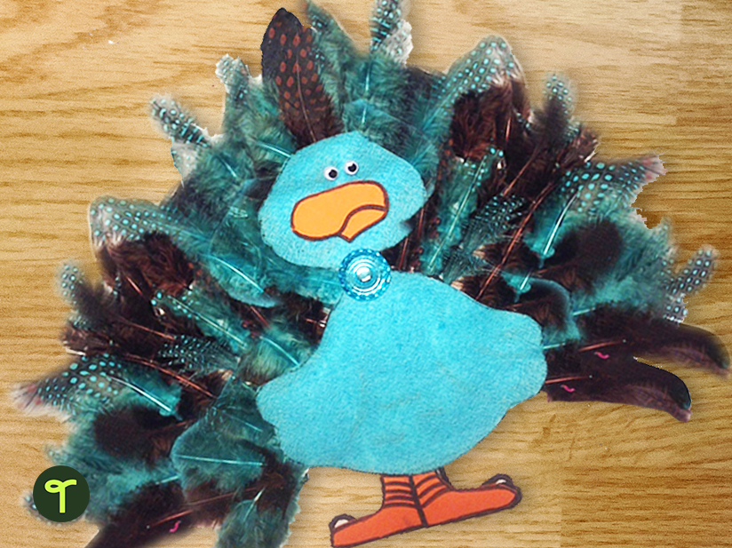 a student's disguise a turkey activity sits on their desk. The turkey is all blue with blue feathers
