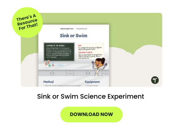 Text reading Sink or Swim Science Experiment appears beneath experiment instructions. A green download now button appears below