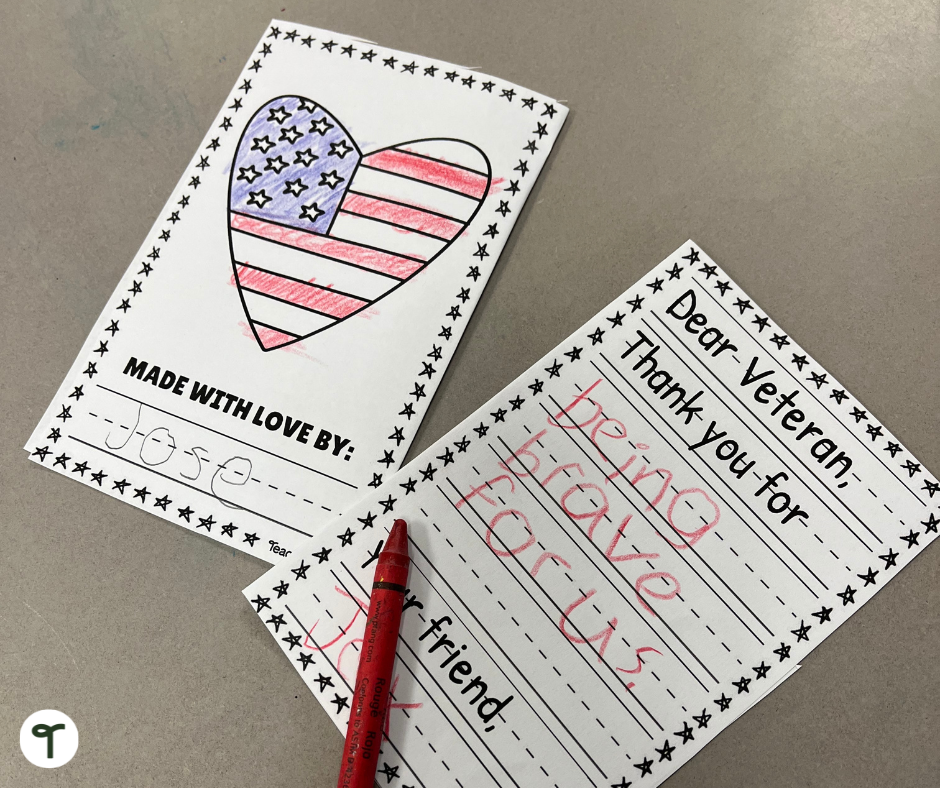 Thank you card for veteran with American flag heart - Teach Starter