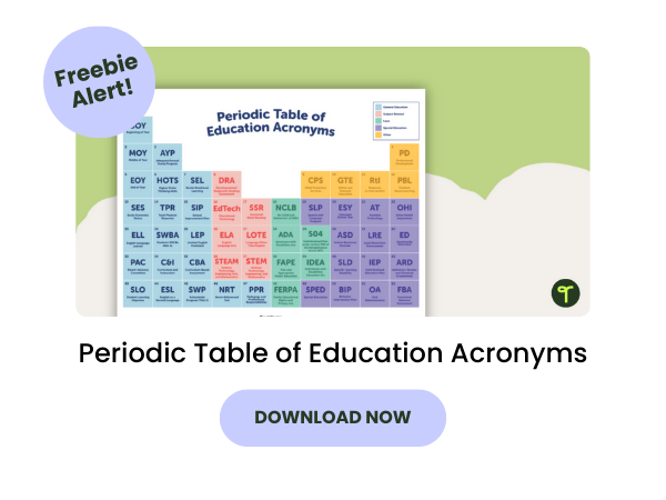 Periodic Table of Education Acronyms with purple 