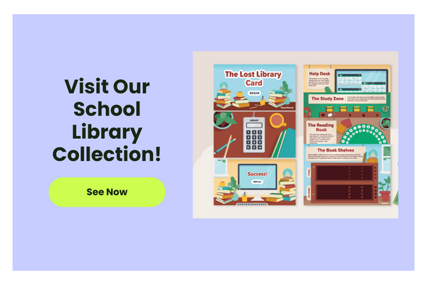The words Visit Our School Library Collection! are shown beside an image of a lost library card activity for kids