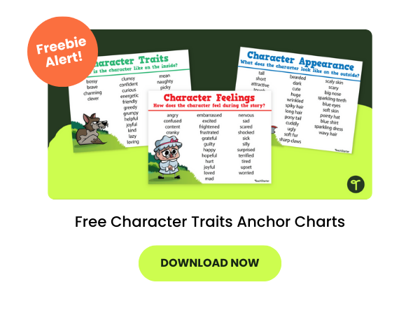 Pictures of character traits anchor charts appear above the words Free Character Traits Anchor Charts and a green download now button