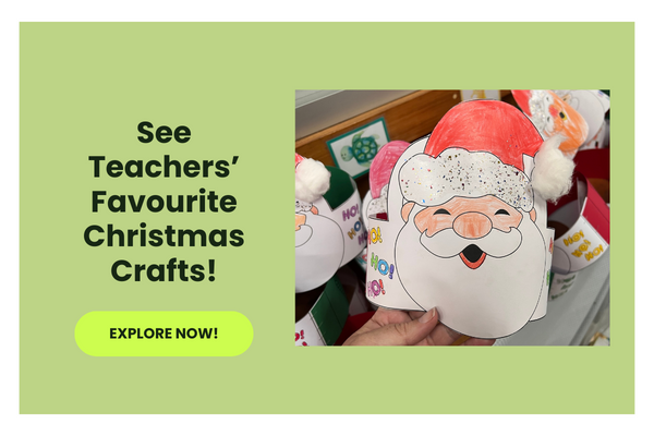 The words See Teachers’ Favourite Christmas Crafts! appear beside a photo of a Santa craft for kids