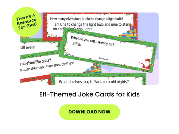 A picture of joke cards appears above the words Elf-Themed Joke Cards for Kids. Below is a green button with the words download now
