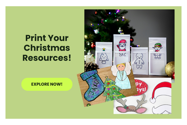 Text reads Print Your Christmas Resources! beside photos of Christmas activities for kids