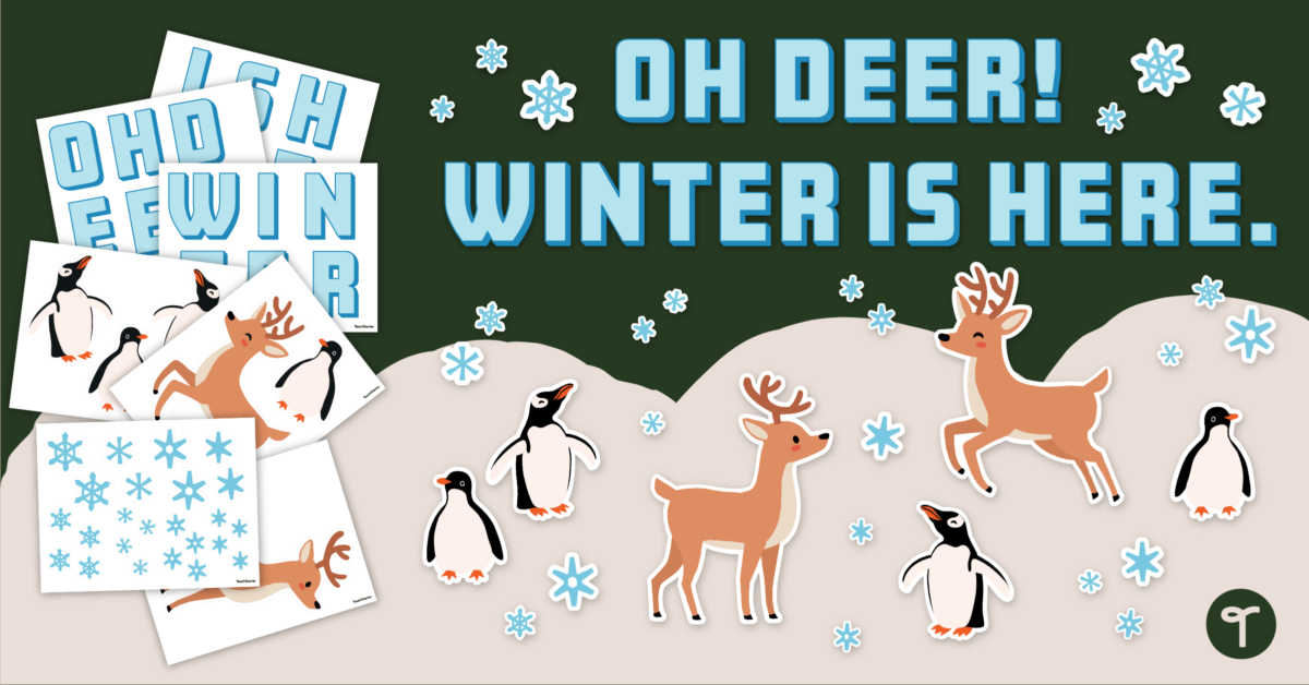 Preview of winter bulletin board with reindeer and penguins. - Teach Starter